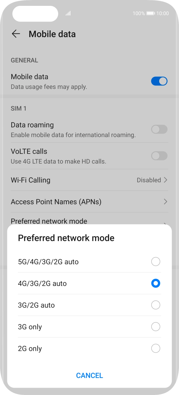 Press the required network mode.
