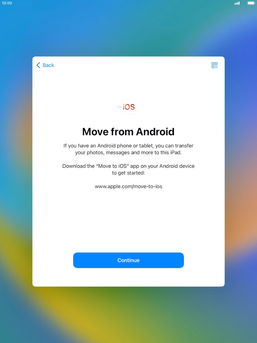 To transfer content to your tablet, you need to install the app 'Move to iOS' on the Android device. When the app is installed, press Continue.