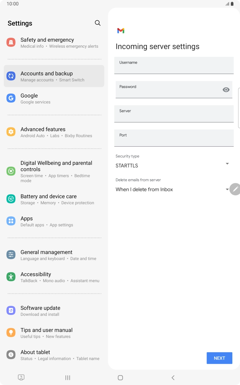 Press the field below 'Username' and key in the username for your email account. Press the field below 'Username' and key in the username for your email account.