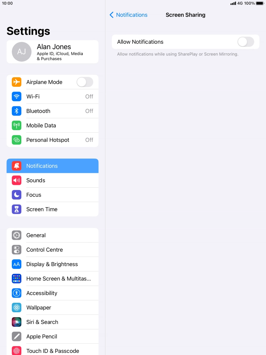 Press the indicator next to 'Allow Notifications' to turn the function on or off. Press the indicator next to 'Allow Notifications' to turn the function on or off.