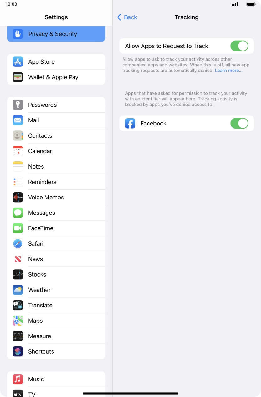 Press the indicator next to 'Allow Apps to Request to Track' to turn the function on or off.