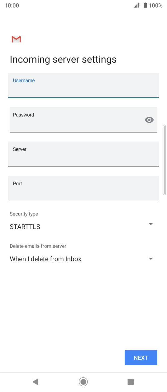 Press the field below 'Server' and key in the name of your email provider's incoming server. Press the field below 'Server' and key in the name of your email provider's incoming server.