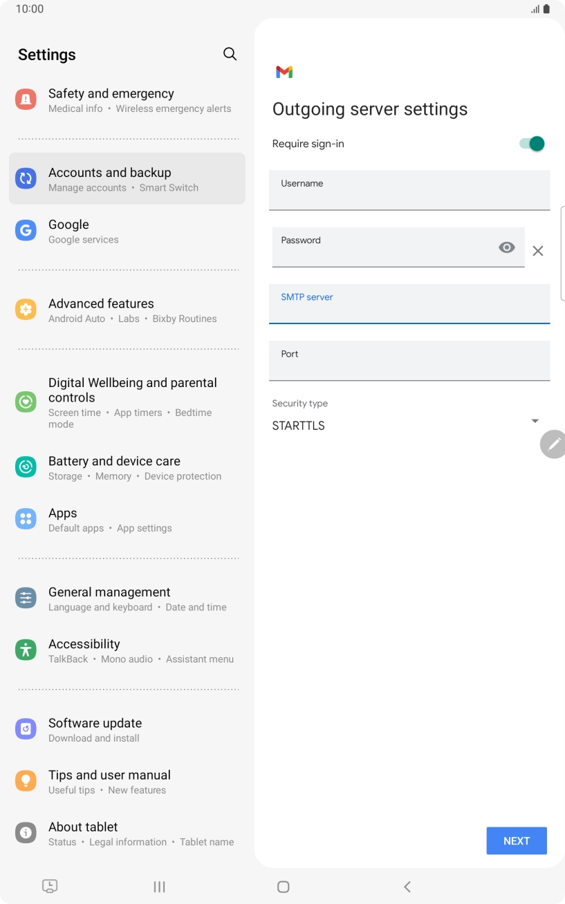 Press the field below 'Port' and key in 25. Press the field below 'Port' and key in 25.