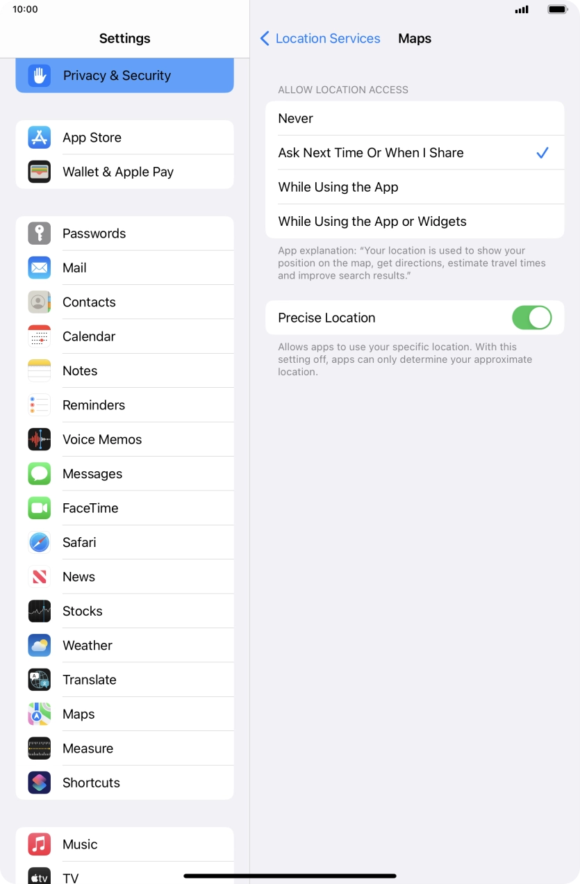 Press the required setting to turn the function on or off.