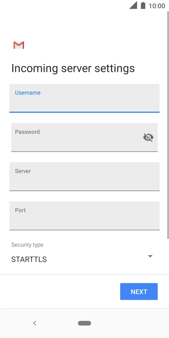 Press the field below 'Server' and key in the name of your email provider's incoming server. Press the field below 'Server' and key in the name of your email provider's incoming server.