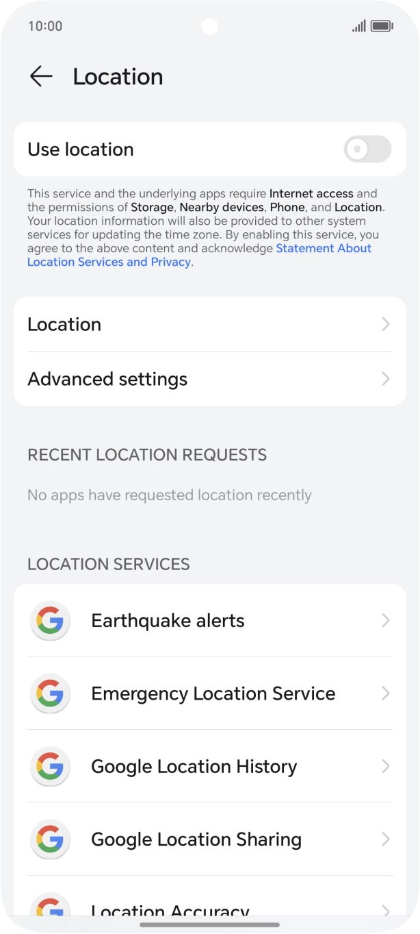 Press the indicator next to 'Use location' to turn the function on or off. Press the indicator next to 'Use location' to turn the function on or off.