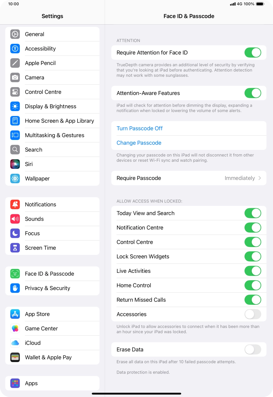 Press the indicator next to 'Erase Data' to turn the function on or off.