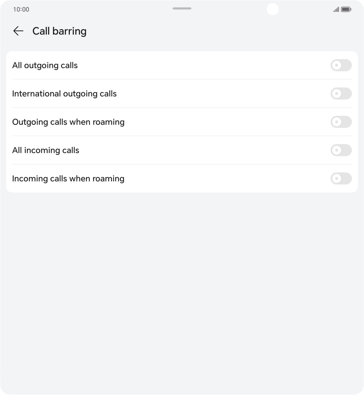 Press the indicator next to the required barring type to turn the function on or off.