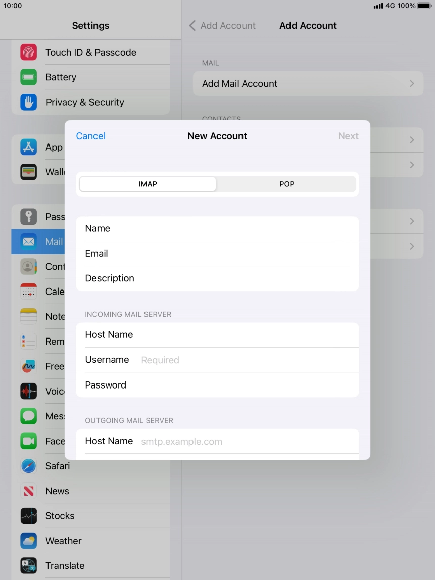 Press Username and key in the username for your email account.
