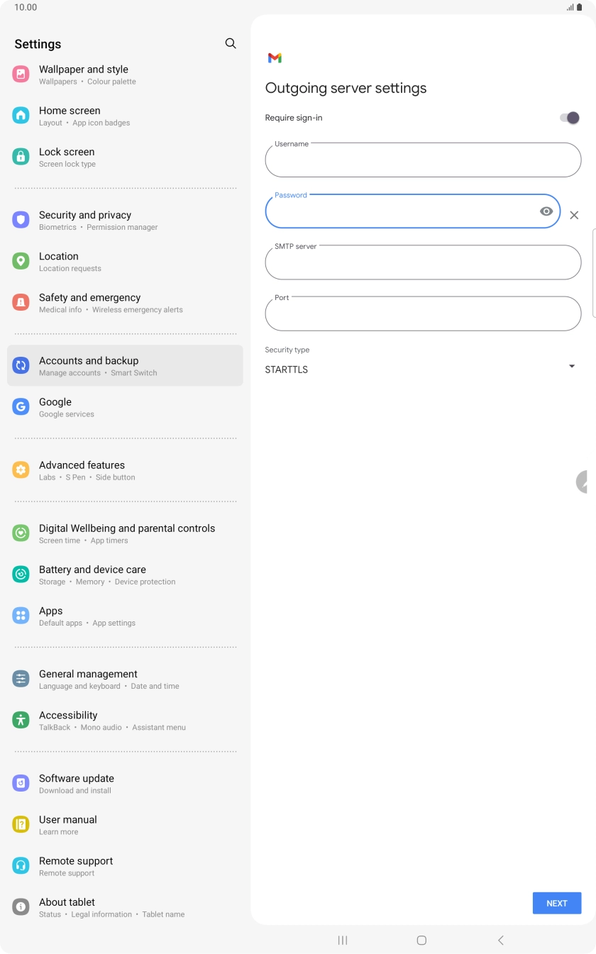 Press the field below 'SMTP server' and key in the name of your email provider's outgoing server. Press the field below 'SMTP server' and key in the name of your email provider's outgoing server.