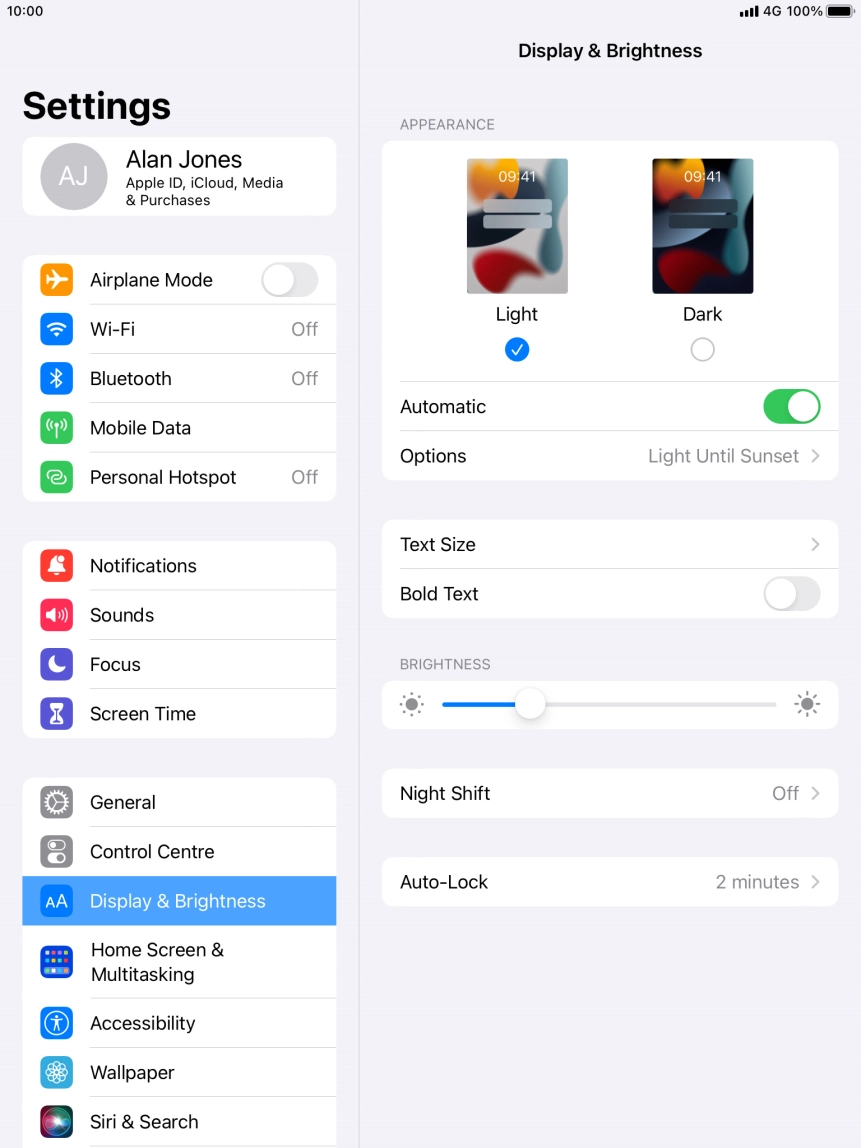 If you turn on the function, press Options and follow the instructions on the screen to select the required period of time for Dark Mode.