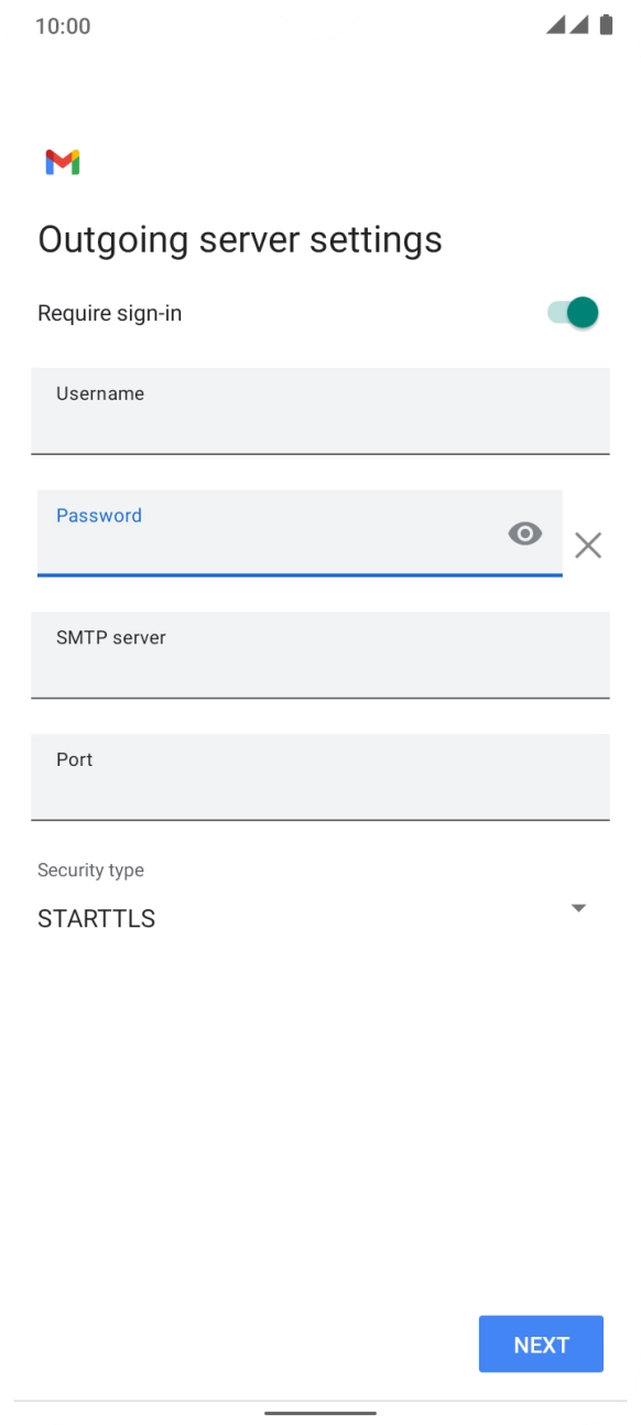 Press the field below 'SMTP server' and key in the name of your email provider's outgoing server. Press the field below 'SMTP server' and key in the name of your email provider's outgoing server.