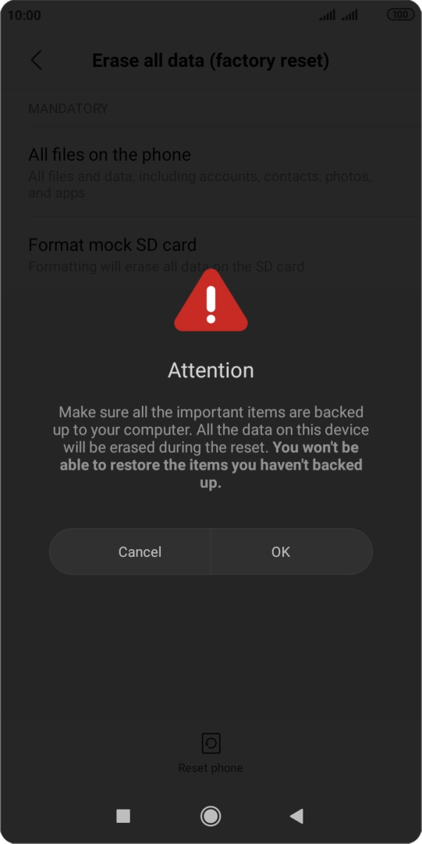 Press OK. Wait a moment while the factory default settings are restored. Follow the instructions on the screen to set up your phone and prepare it for use.