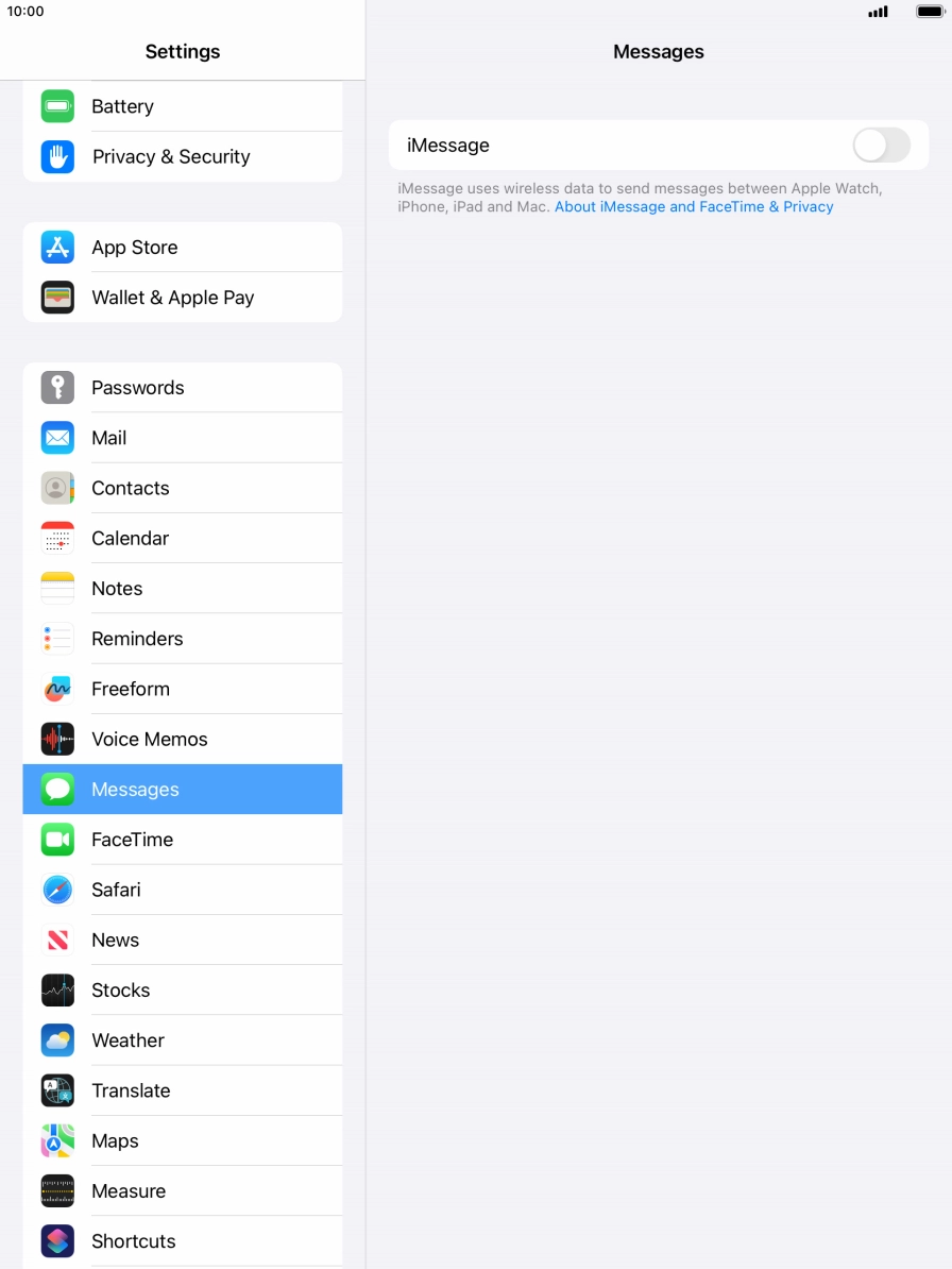 Press the indicator next to 'iMessage' to turn on the function.