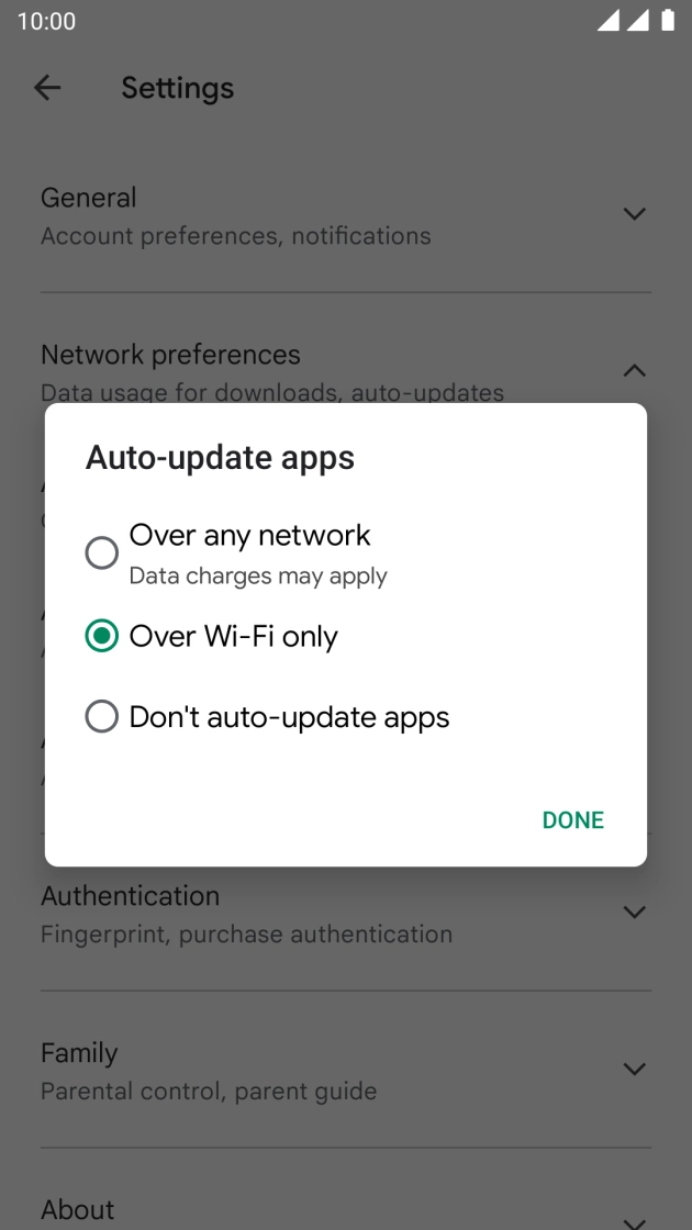 To turn on automatic update of apps using mobile network, press Over any network.