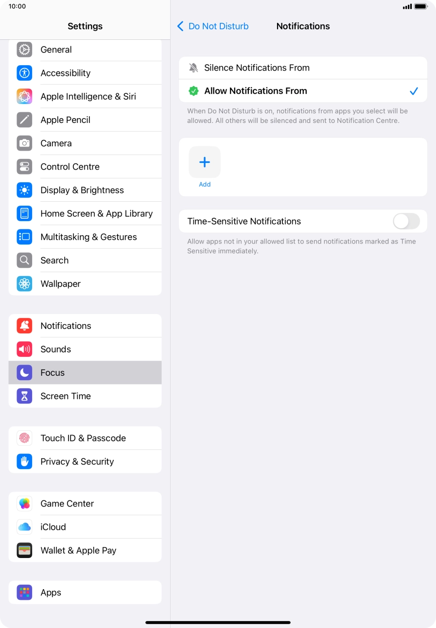 Press the indicator next to 'Time-Sensitive Notifications' to turn display of timed notifications on or off when Do Not Disturb is turned on. Press the indicator next to 'Time-Sensitive Notifications' to turn display of timed notifications on or off when Do Not Disturb is turned on.