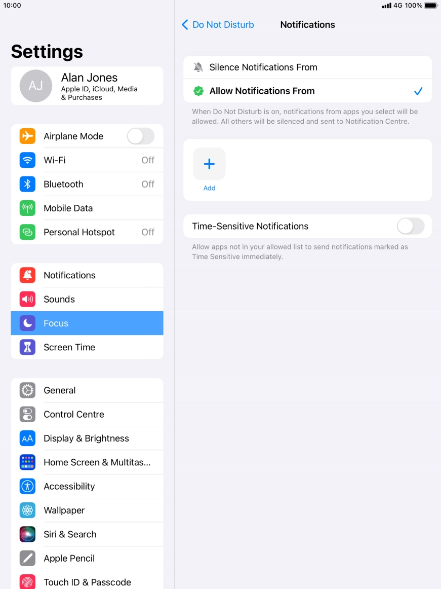 Press the indicator next to 'Time-Sensitive Notifications' to turn display of timed notifications on or off when Do Not Disturb is turned on. Press the indicator next to 'Time-Sensitive Notifications' to turn display of timed notifications on or off when Do Not Disturb is turned on.