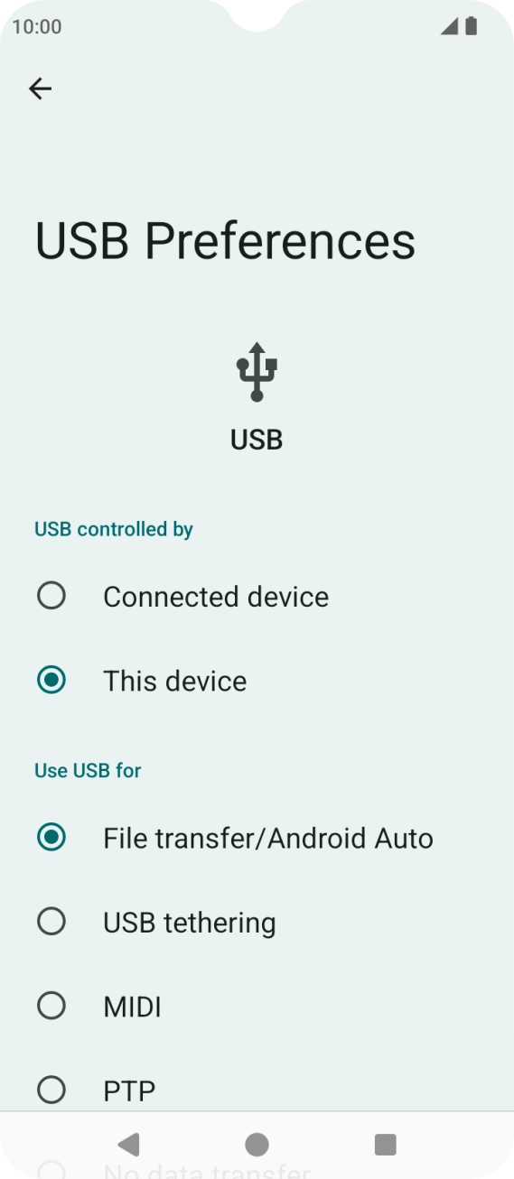 Press File transfer/Android Auto. Press File transfer/Android Auto.