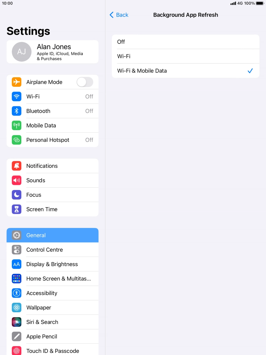 To turn off background refresh of apps, press Off.