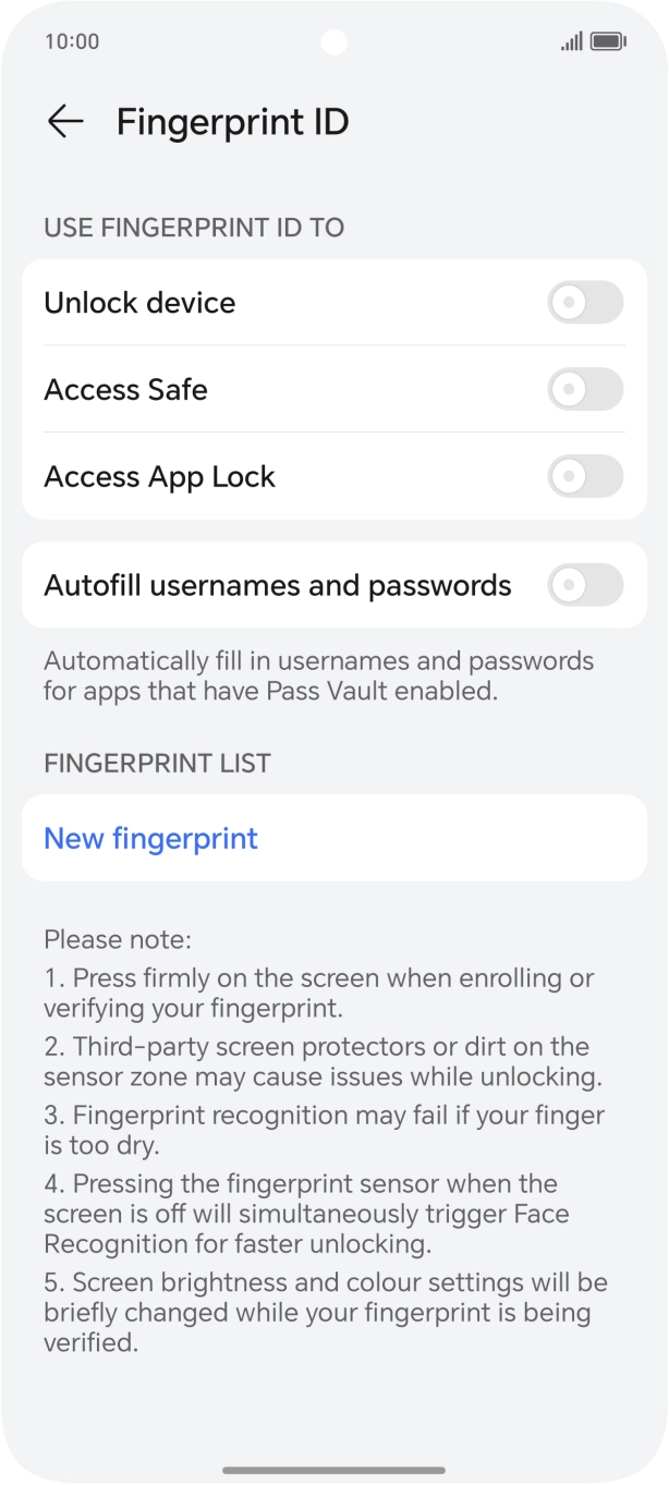 Press New fingerprint. Press New fingerprint.