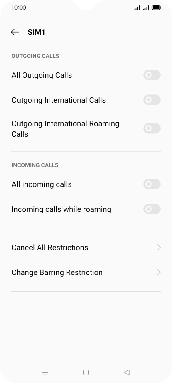 Press the indicator next to the required barring type to turn the function on or off. Press the indicator next to the required barring type to turn the function on or off.