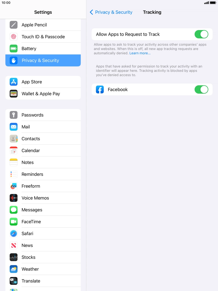 Press the indicator next to 'Allow Apps to Request to Track' to turn the function on or off.