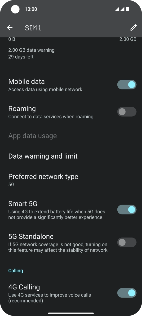 Press the indicator next to '4G Calling' to turn the function on or off.