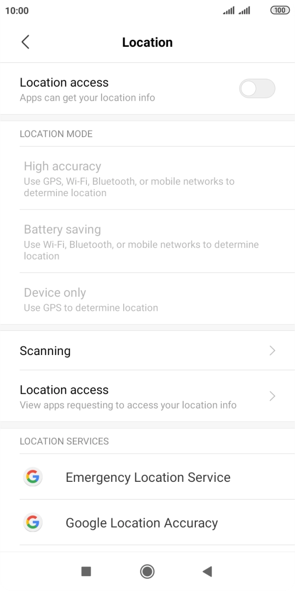 Press the indicator next to 'Location access' to turn the function on or off.