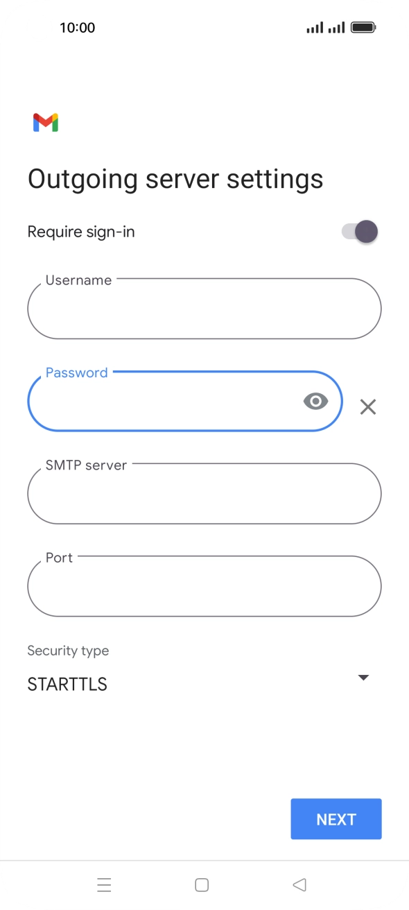 Press the field below 'SMTP server' and key in the name of your email provider's outgoing server. Press the field below 'SMTP server' and key in the name of your email provider's outgoing server.