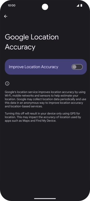 If you press the indicator next to 'Improve Location Accuracy' to turn on the function, your phone can find your exact position using the GPS satellites, the mobile network and nearby WiFi networks. Satellite-based GPS requires a clear view of the sky.