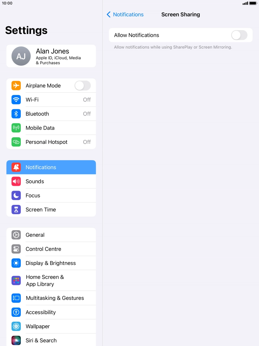 Press the indicator next to 'Allow Notifications' to turn the function on or off. Press the indicator next to 'Allow Notifications' to turn the function on or off.