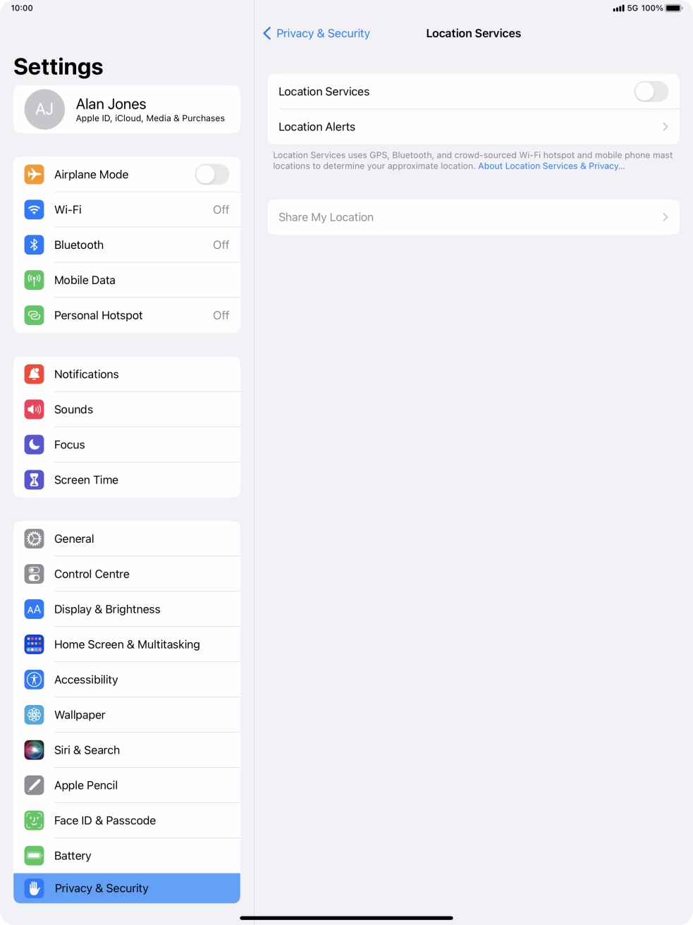 Press the indicator next to 'Location Services' to turn the function on or off. Press the indicator next to 'Location Services' to turn the function on or off.