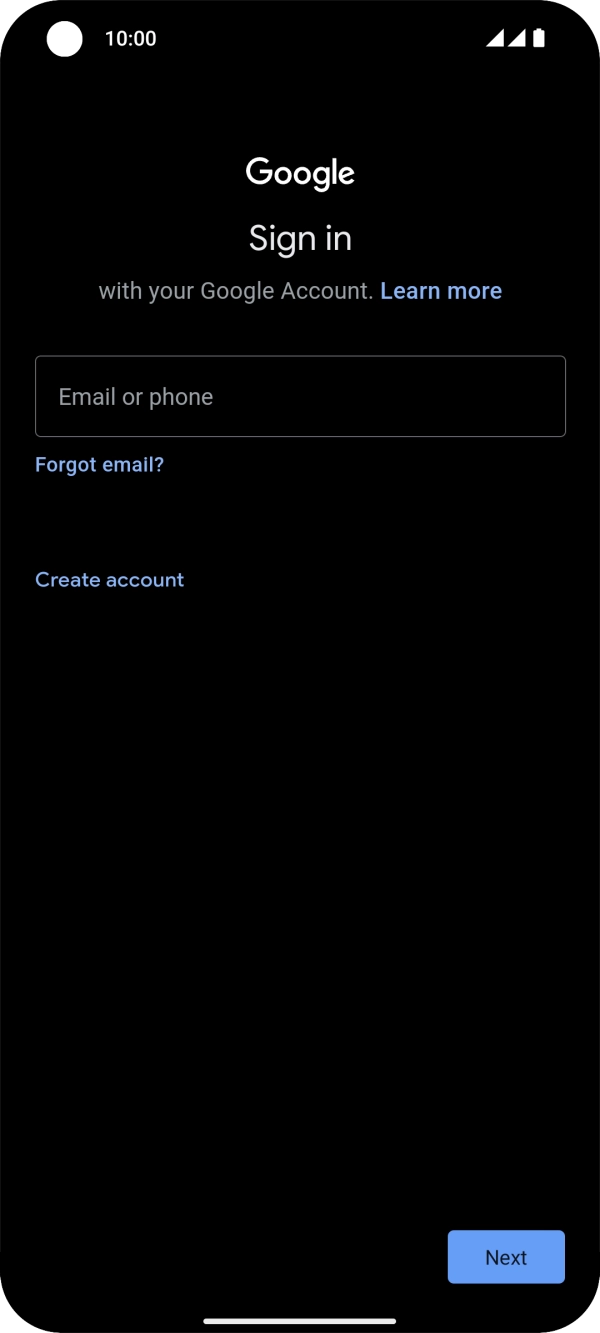 If you don't have a Google account, press Create account and follow the instructions on the screen to create an account.