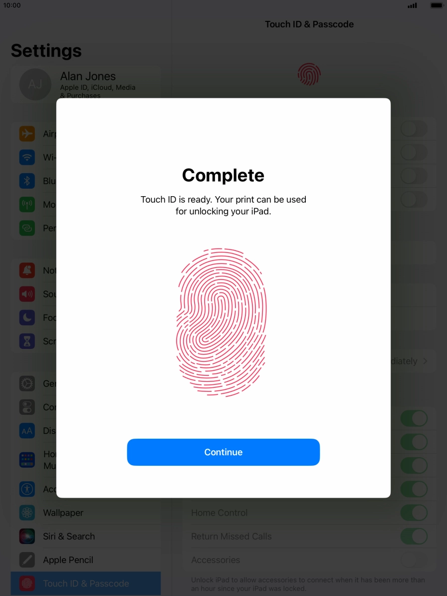 Press Continue. If you haven't previously selected a lock code, key in a code of your own choice twice.