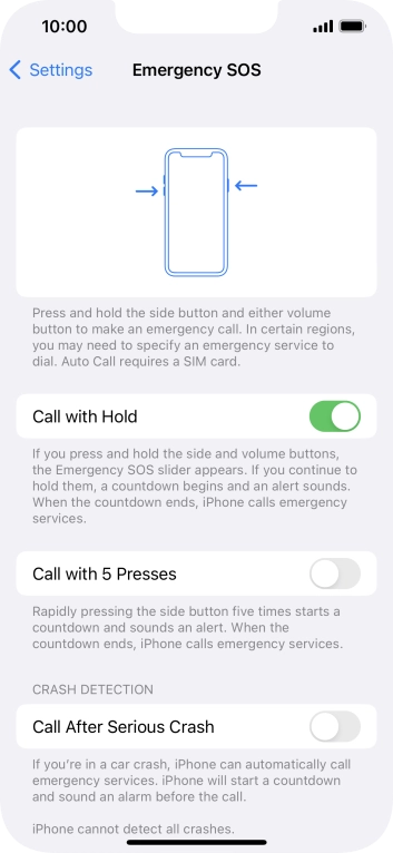 Press the indicator next to 'Call After Serious Crash' to turn on the function.