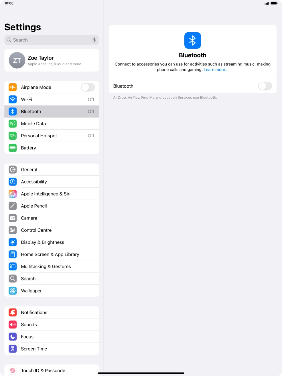 Press the indicator next to 'Bluetooth' to turn on the function.