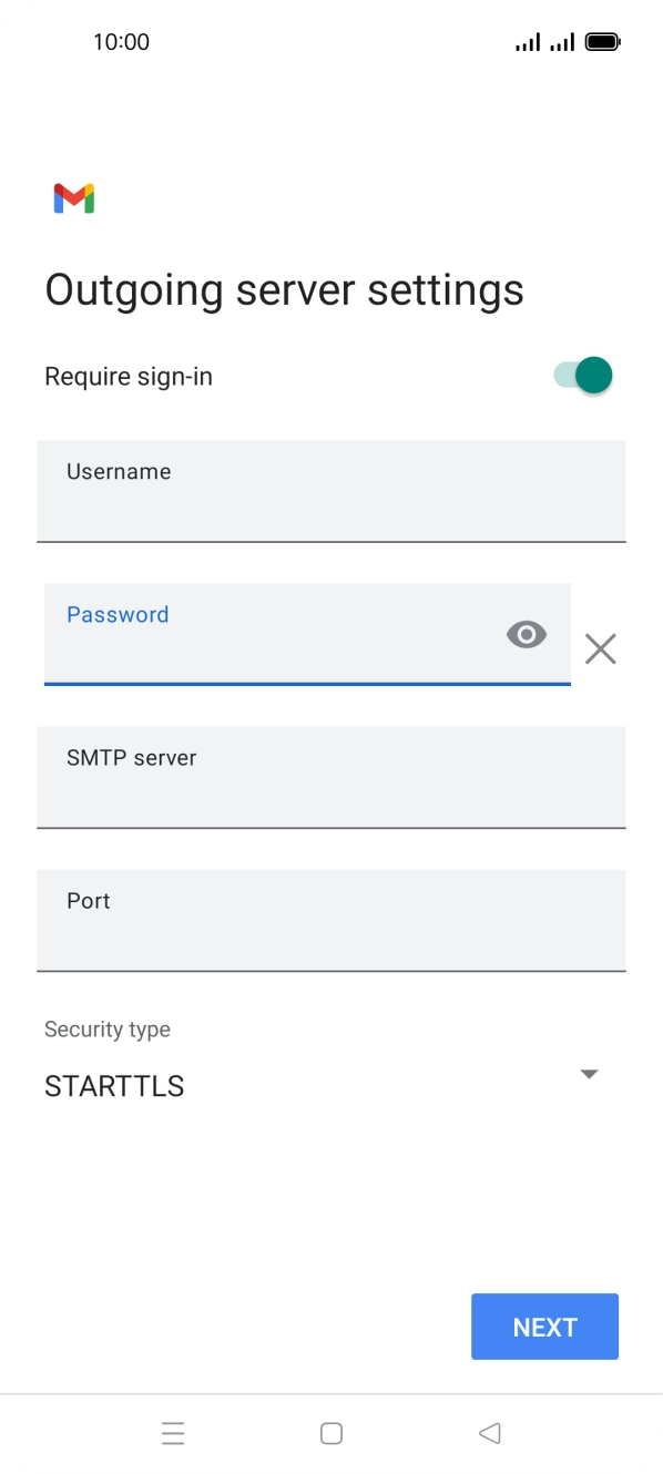 Press the field below 'SMTP server' and key in the name of your email provider's outgoing server. Press the field below 'SMTP server' and key in the name of your email provider's outgoing server.