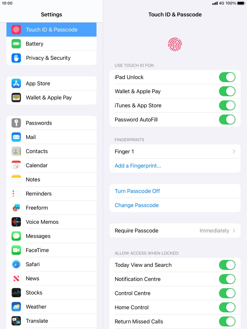 Press the indicator next to 'iPad Unlock' to turn the function on or off.