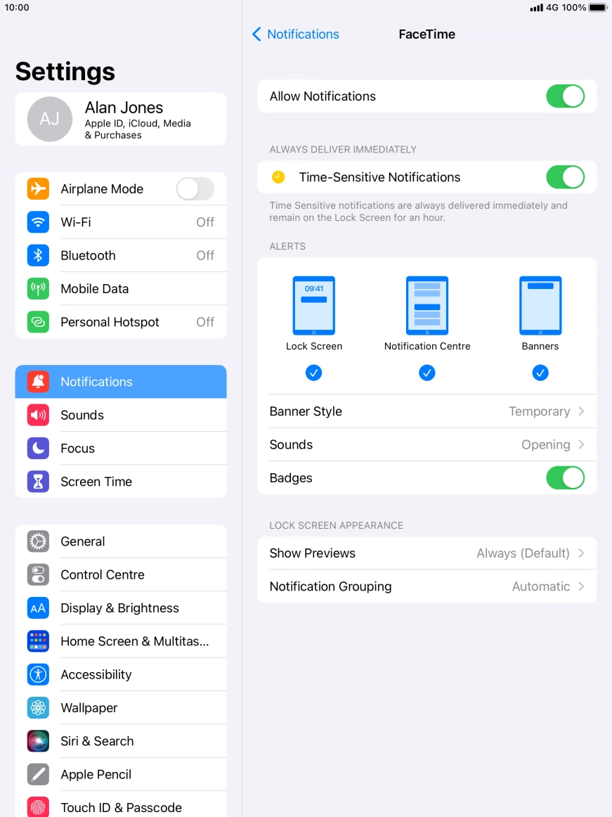 Press the indicator next to 'Allow Notifications' to turn notifications for the selected application on or off. Press the indicator next to 'Allow Notifications' to turn notifications for the selected application on or off.