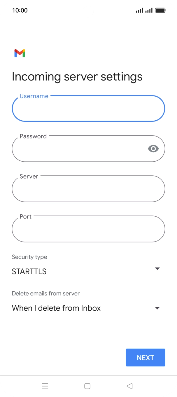 Press the field below 'Server' and key in the name of your email provider's incoming server. Press the field below 'Server' and key in the name of your email provider's incoming server.