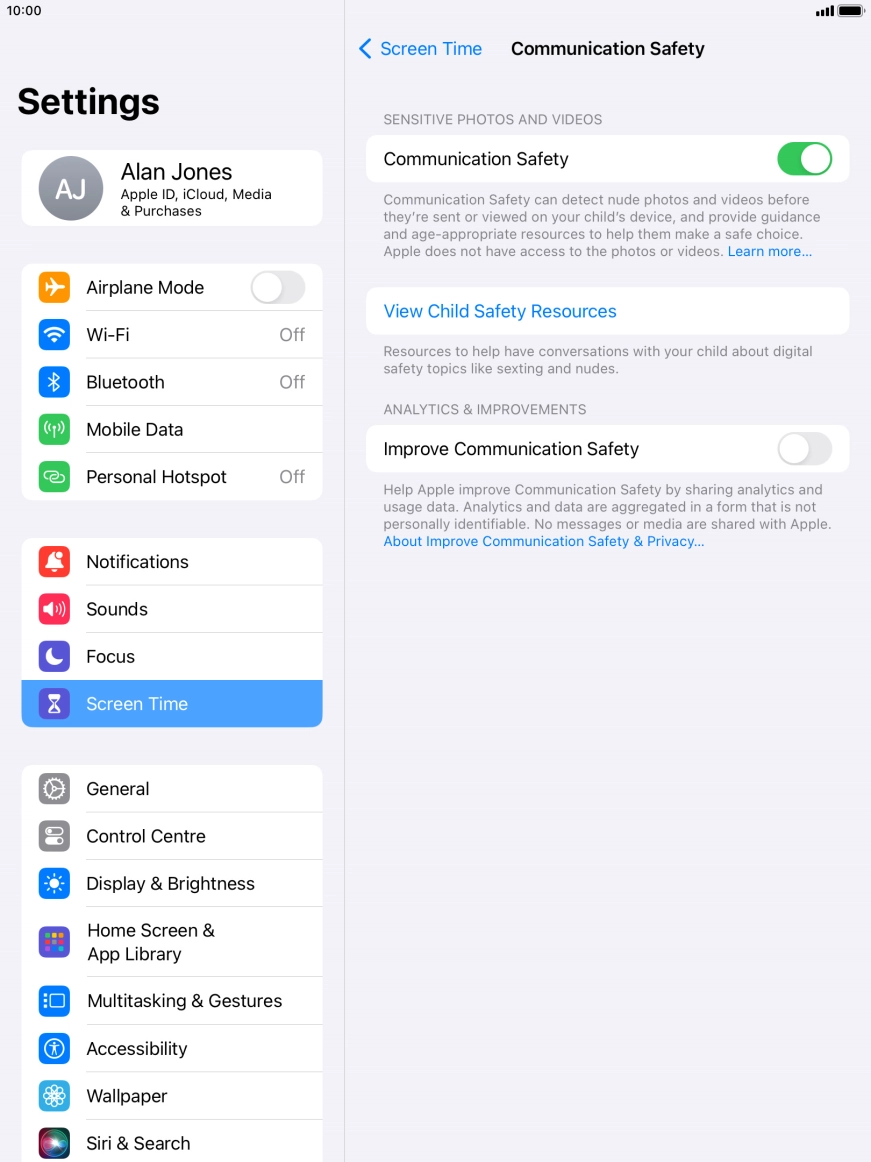 Press the indicator next to 'Communication Safety' to turn the function on or off.