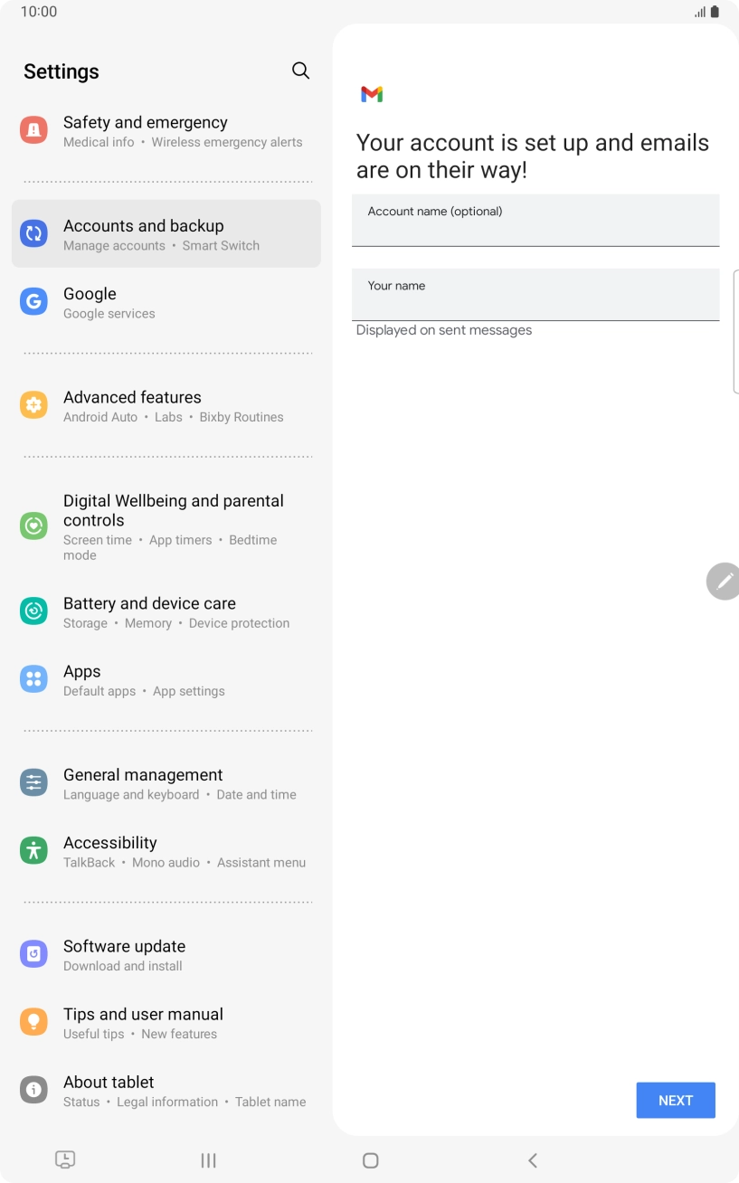 Press the field below 'Account name (optional)' and key in the required name. Press the field below 'Account name (optional)' and key in the required name.