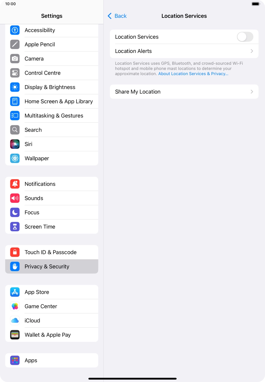 Press the indicator next to 'Location Services' to turn the function on or off. Press the indicator next to 'Location Services' to turn the function on or off.