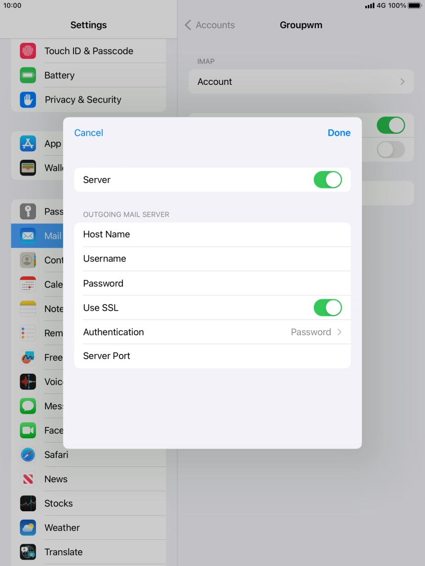 Press the indicator next to 'Use SSL' to turn off the function.