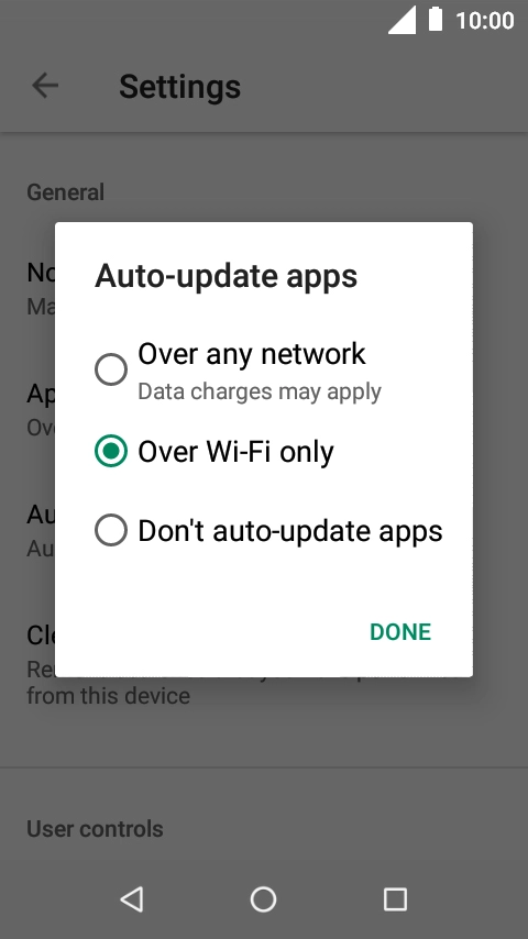 To turn on automatic update of apps using mobile network, press Over any network Data charges may apply.