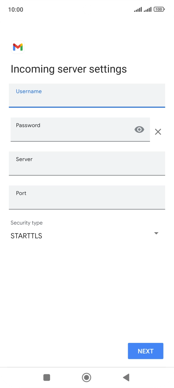 Press the field below 'Server' and key in the name of your email provider's incoming server. Press the field below 'Server' and key in the name of your email provider's incoming server.
