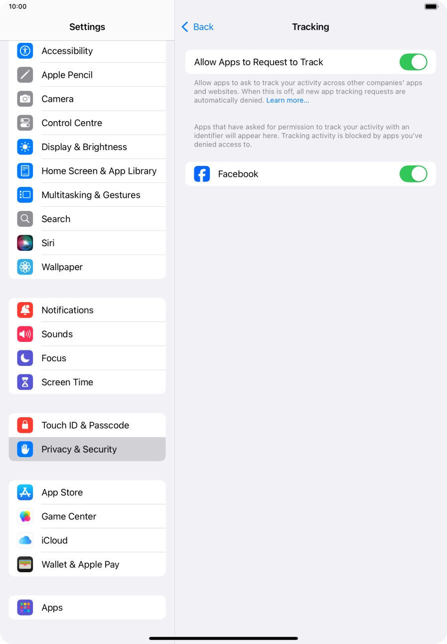 Press the indicator next to 'Allow Apps to Request to Track' to turn the function on or off.