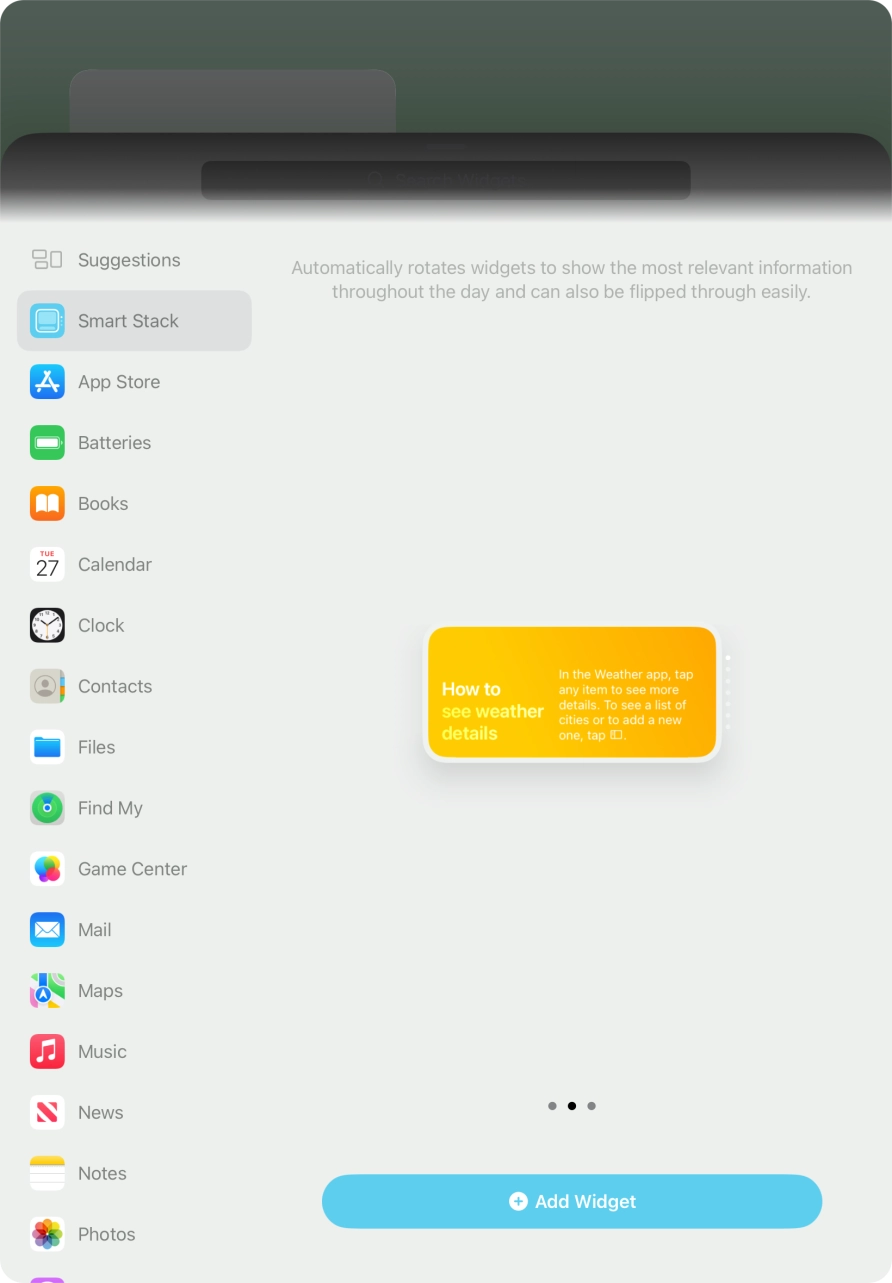 Slide your finger right or left on the screen to select the required widget size.