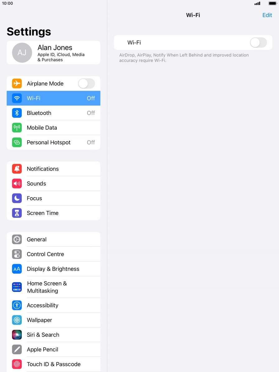 Press the indicator next to 'Wi-Fi' to turn on the function.