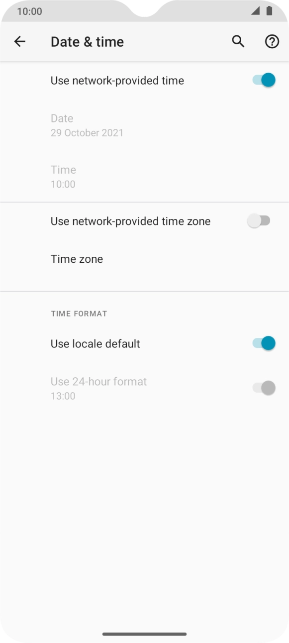 Press the indicator next to 'Use network-provided time zone' to turn on the function.